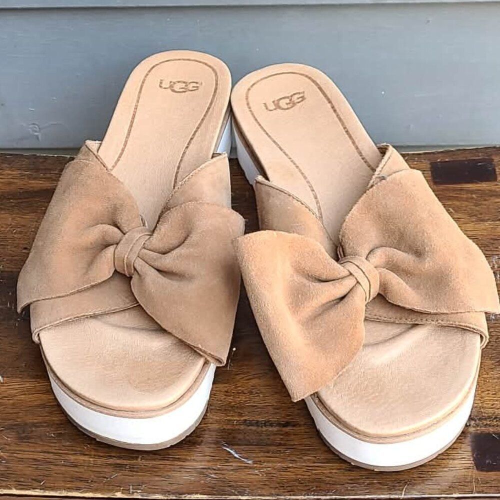 UGG Joan II Chestnut Suede Bow Platform Sandal size 8 LIKE NEW